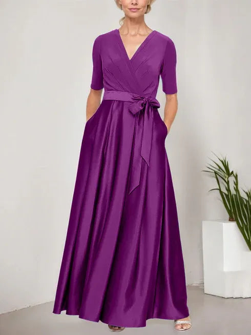 Surplice Neckline Ballgown with Full Satin Skirt and Jersey Bodice