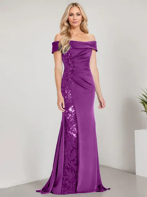 A-Line Off-the-Shoulder Floor-Length Mother of the Bride Dress with Appliqué Beadings and Mermaid Silhouette Featuring a High Split