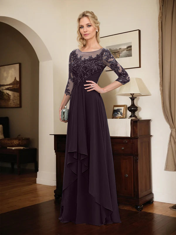 A-Line Scoop Neck Illusion Floor-Length Lace Chiffon Mother of the Bride Dress with Cascading Ruffles