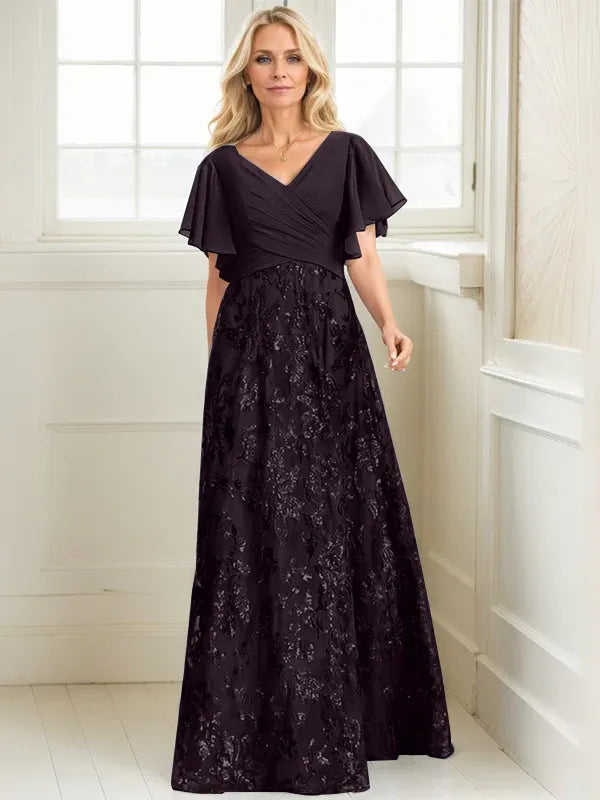 A-Line V-Neck Floor-Length Lace and Sequin Chiffon Mother of the Bride Dress with Pleats