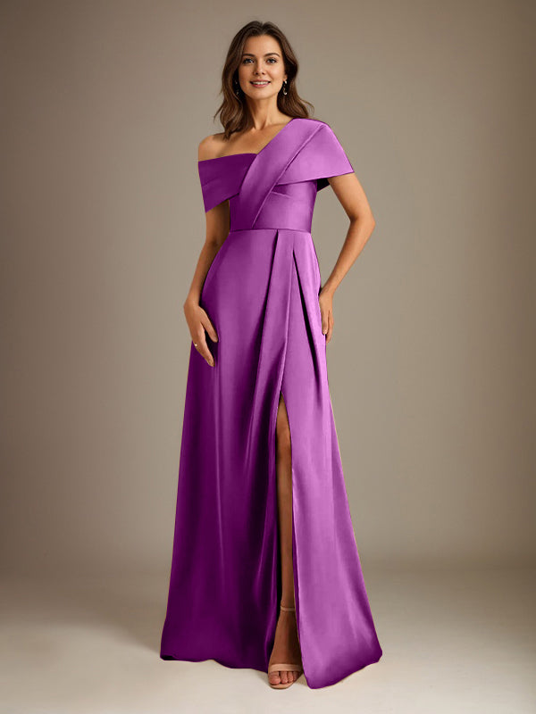 A-Line Satin Mother of the Bride Dress with Asymmetrical Neckline, Floor-Length, and Pleated Design