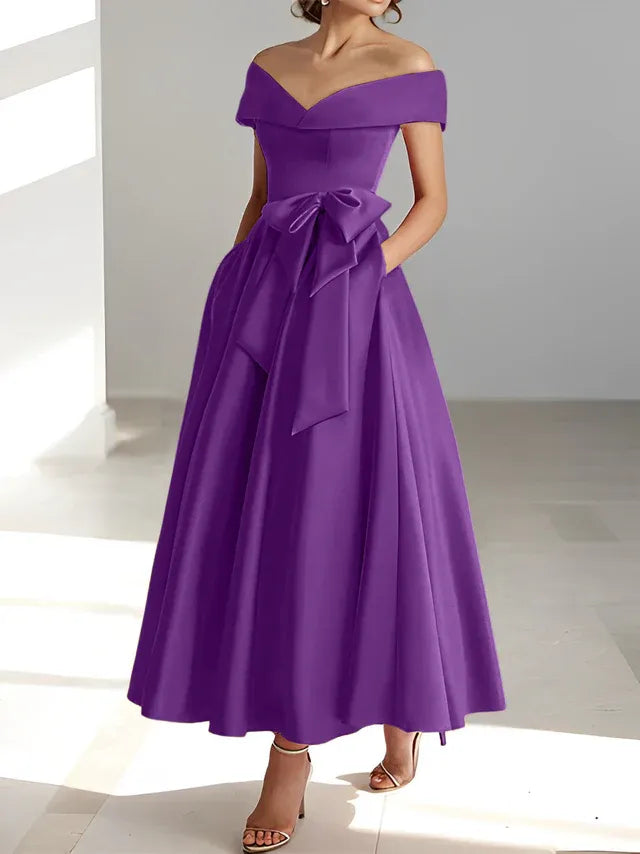 A-Line Off-the-Shoulder Sleeveless Ankle-Length Mother of the Bride Dress with Pockets