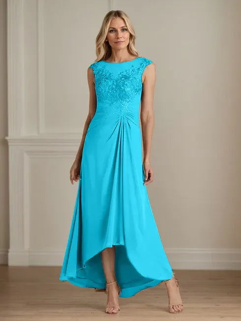 Champagne A-Line Lace and Chiffon Scoop Neck Dress