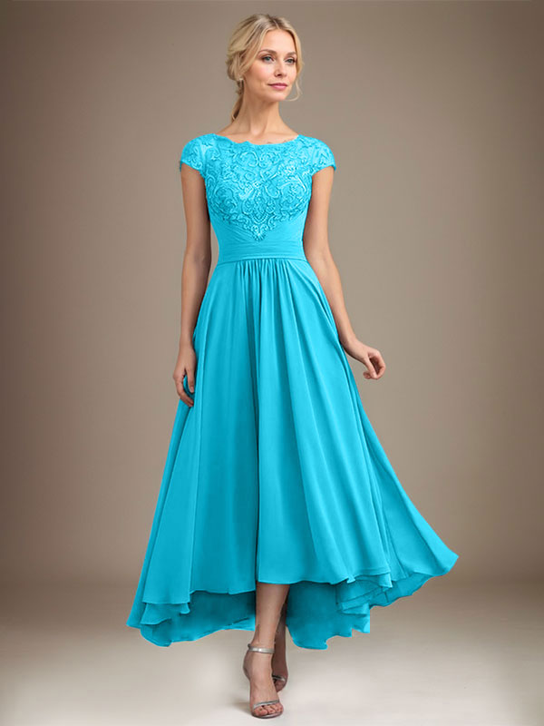 A-Line Scoop Neck Illusion Asymmetrical Lace Chiffon Mother of the Bride Dress with Pleats