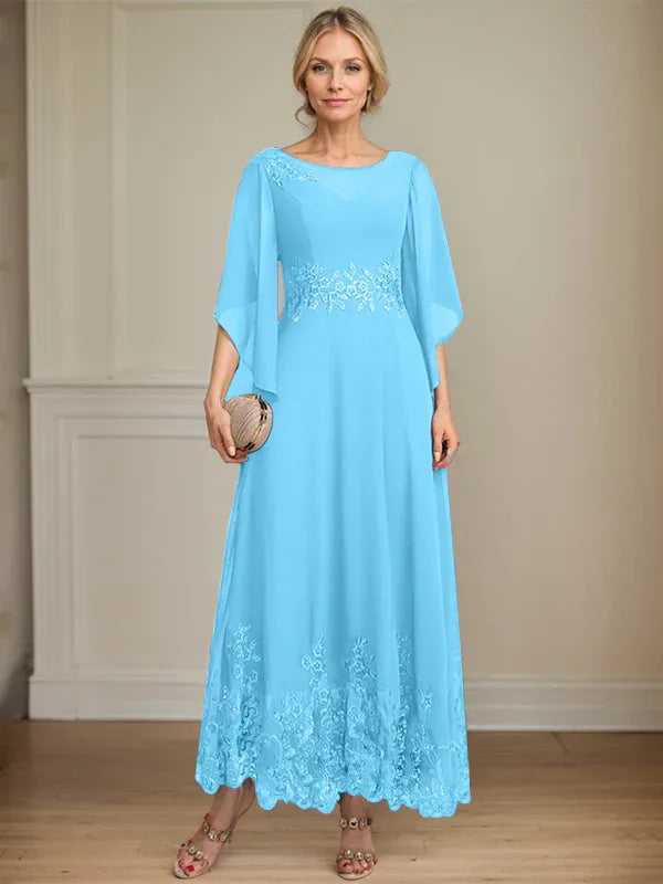 A-Line Scoop Neck Illusion Lace Chiffon Mother of the Bride Dress with Sequins and Ankle-Length Hem
