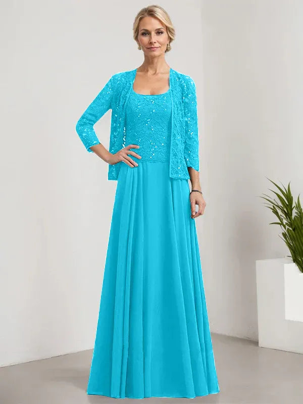 A-Line Square Neck Floor-Length Lace and Chiffon Mother of the Bride Dress with Sequins