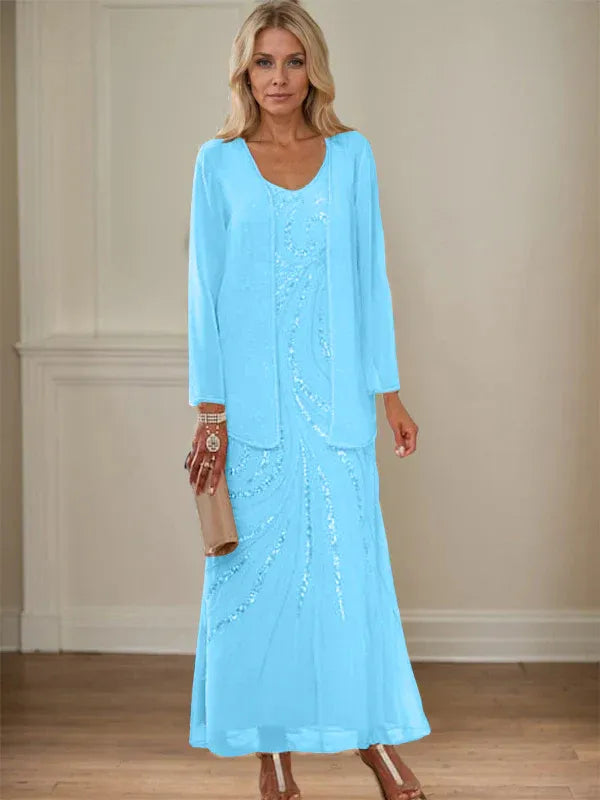 V-Neck Sheath/Mother of the Bride Ankle-Length Dress with Jacket & Sequins
