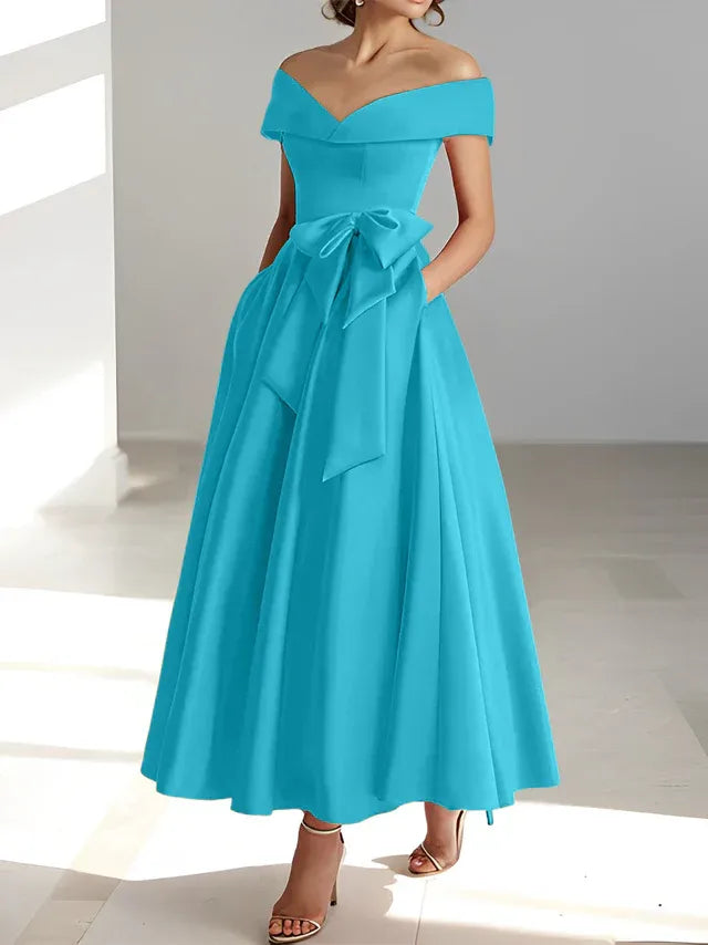 A-Line Off-the-Shoulder Sleeveless Ankle-Length Mother of the Bride Dress with Pockets