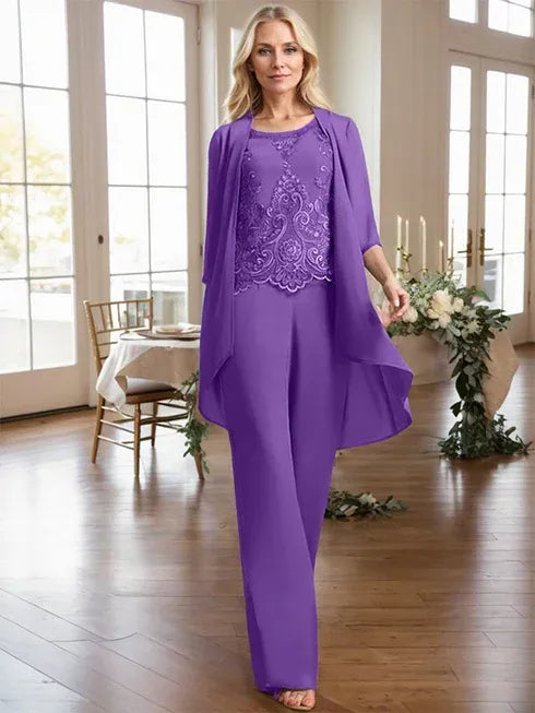 Floor-Length Chiffon Lace Mother of the Bride Jumpsuit/Pantsuit with Scoop Neck, Beading, and Sequins