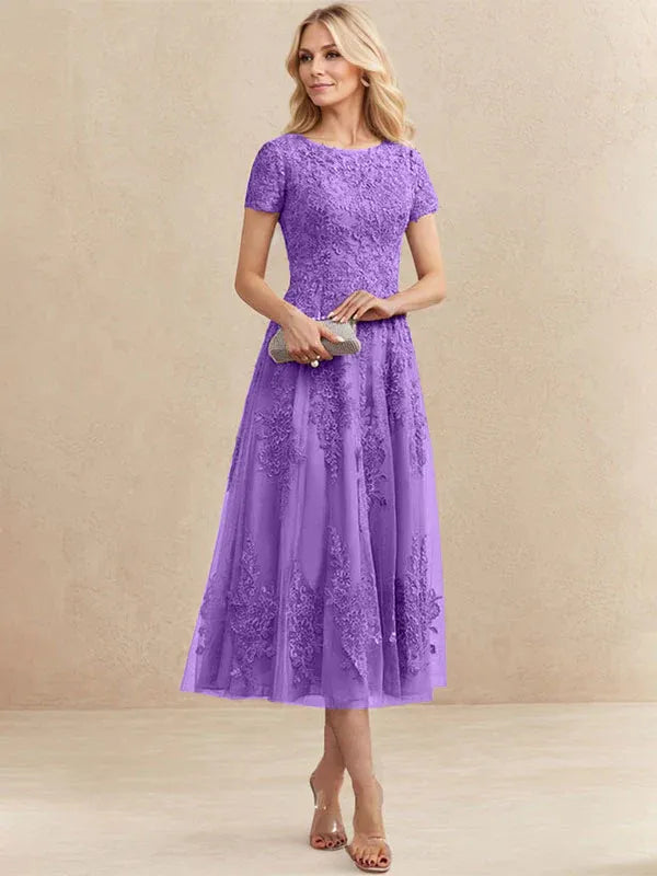A-Line Scoop Neck Tea-Length Tulle Lace Mother of the Bride Dress
