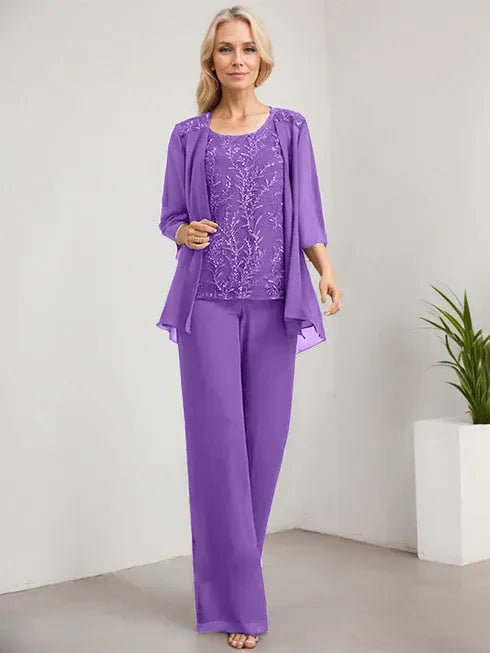 Floor-Length Lace Chiffon Mother of the Bride Jumpsuit/Pantsuit with Scoop Neck and Sequins