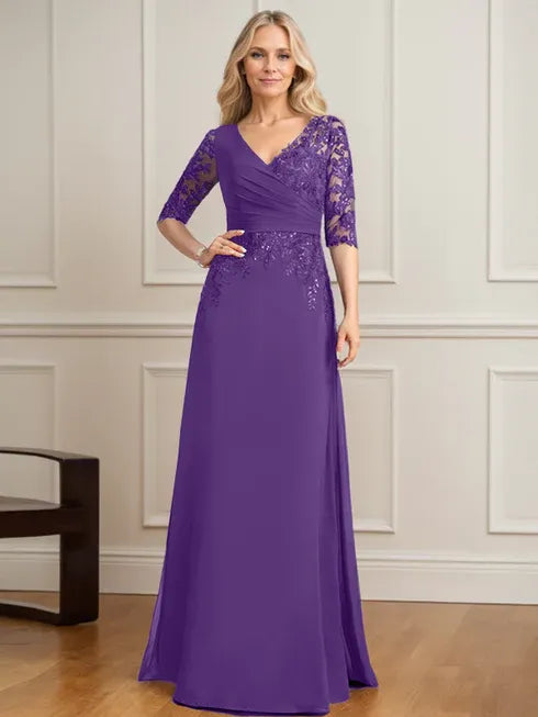 A-Line V-Neck Floor-Length Lace and Chiffon Mother of the Bride Dress with Pleated Sequins