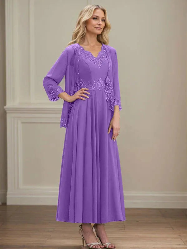 A-Line V-Neck Chiffon Mother of the Bride Dress with Sequins, Appliques, Lace, and Beading at Ankle Length