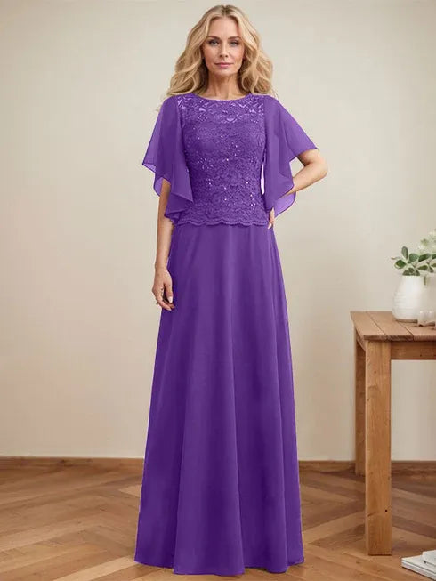 A-Line Scoop Neck Illusion Floor-Length Lace Chiffon Mother of the Bride Dress with Sequins