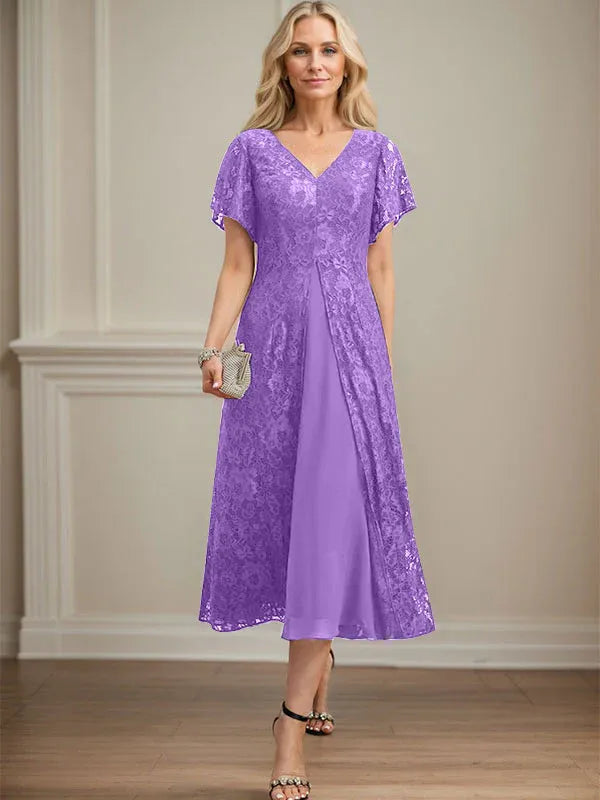 A-Line V-Neck Tea-Length Lace Chiffon Mother of the Bride Dress