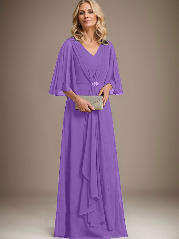 A-Line V-Neck Floor-Length Chiffon Mother of the Bride Dress with Cascading Ruffles and Crystal Brooch