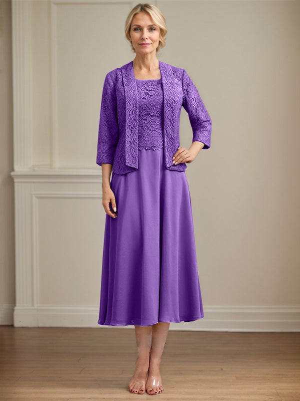 A-Line Scoop Neck Tea-Length Lace Chiffon Mother of the Bride Dress