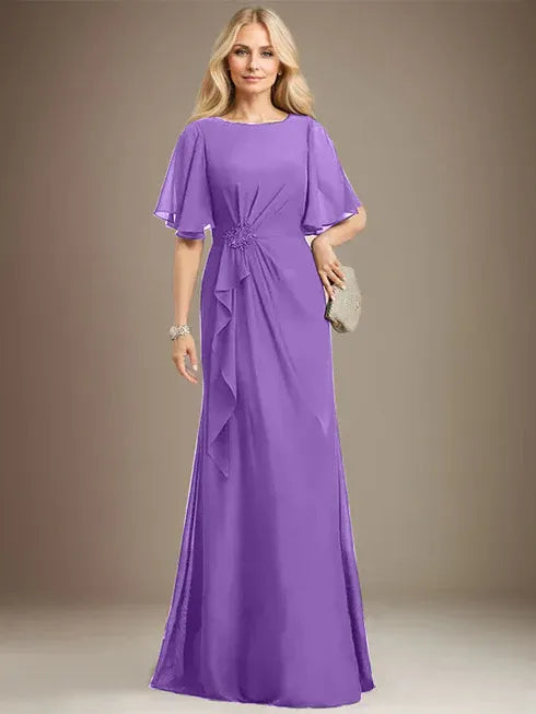 A-Line Scoop Floor-Length Chiffon Mother of the Bride Dress with Cascading Ruffles, Beading, and Sequins