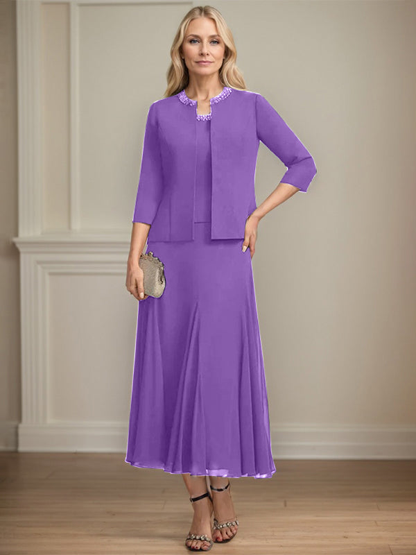A-line Scoop Tea-Length Chiffon Mother of the Bride Dress with Sequins and Beading Separates