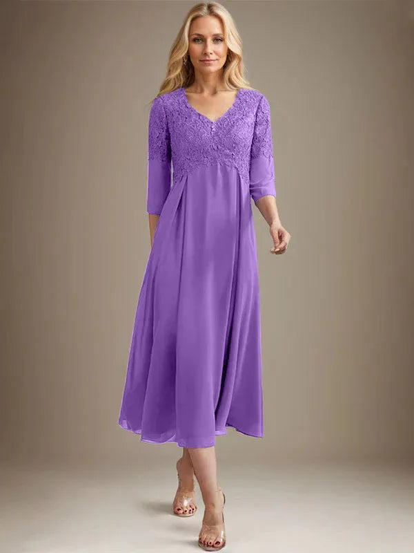 A-Line V-Neck Tea-Length Chiffon Lace Mother of the Bride Dress with Beading