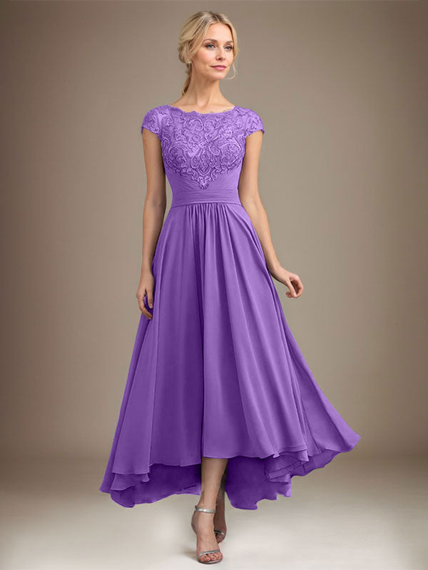 A-Line Scoop Neck Illusion Asymmetrical Lace Chiffon Mother of the Bride Dress with Pleats