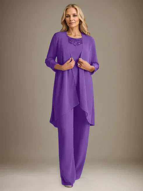 Chiffon Scoop Neck Long Sleeve Mother of the Bride Pantsuit with Jacket
