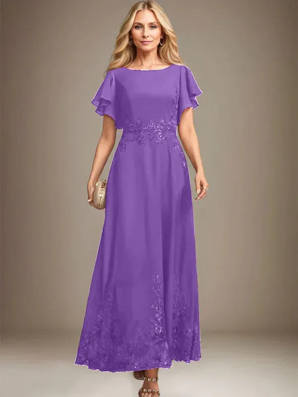 A-Line Scoop Neck Ankle-Length Lace and Chiffon Mother of the Bride Dress with Sequins