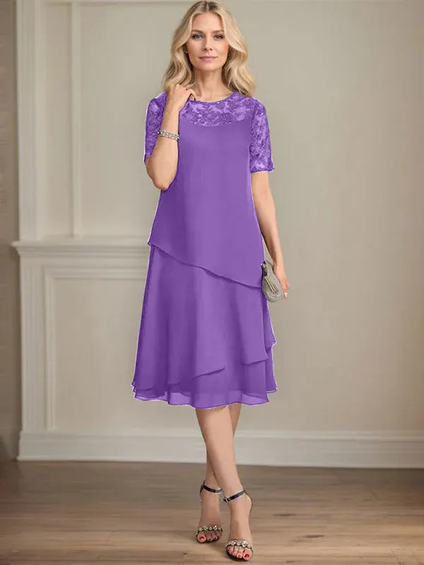 A-Line Scoop Neck Illusion Knee-Length Lace Chiffon Mother of the Bride Dress with Sequins