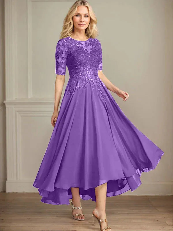 A-Line Scoop Neck Illusion Asymmetrical Chiffon and Lace Mother of the Bride Dress with Sequins