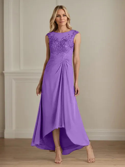 Champagne A-Line Lace and Chiffon Scoop Neck Dress