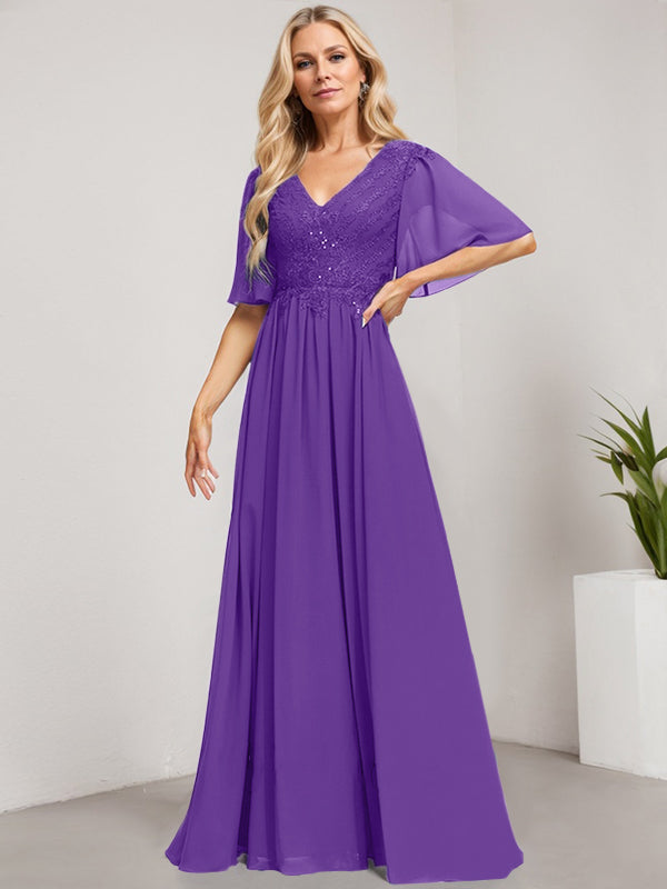 A-Line V-Neck Floor-Length Lace Chiffon Mother of the Bride Dress with Sequins