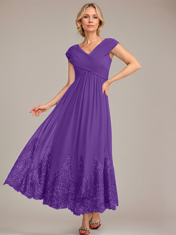 A-Line V-Neck Chiffon Mother of the Bride Dress with Appliqué and Sequins, Ankle-Length