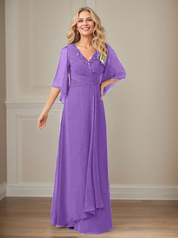A-Line V-Neck Long Sequin Chiffon Mother of the Bride Dress