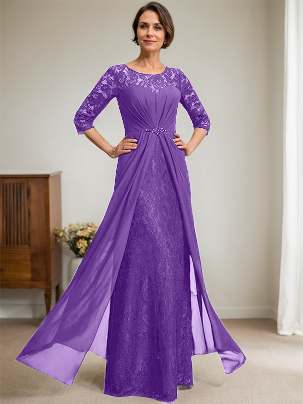 A-Line Scoop Neck Illusion Floor-Length Lace Chiffon Mother of the Bride Dress with Beaded Ruffles