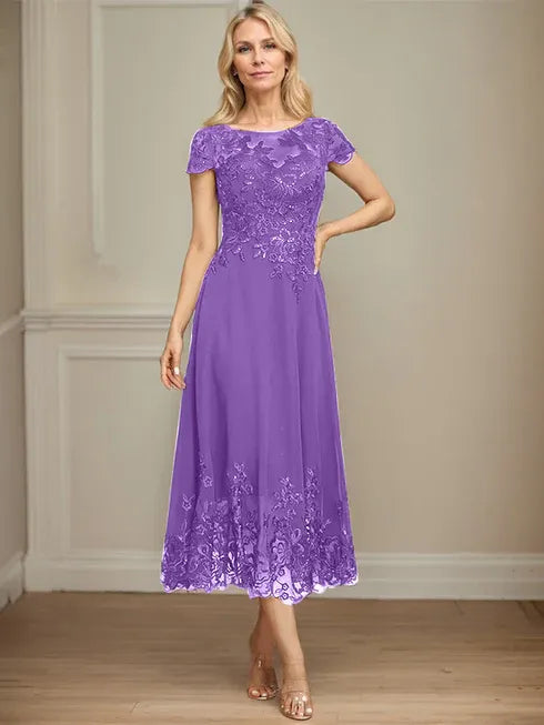A-Line Illusion Scoop Tea-Length Lace Chiffon Mother of the Bride Dress with Sequins