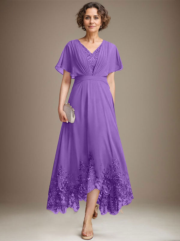 A-Line V-Neck Asymmetrical Lace Chiffon Mother of the Bride Dress with Pleats