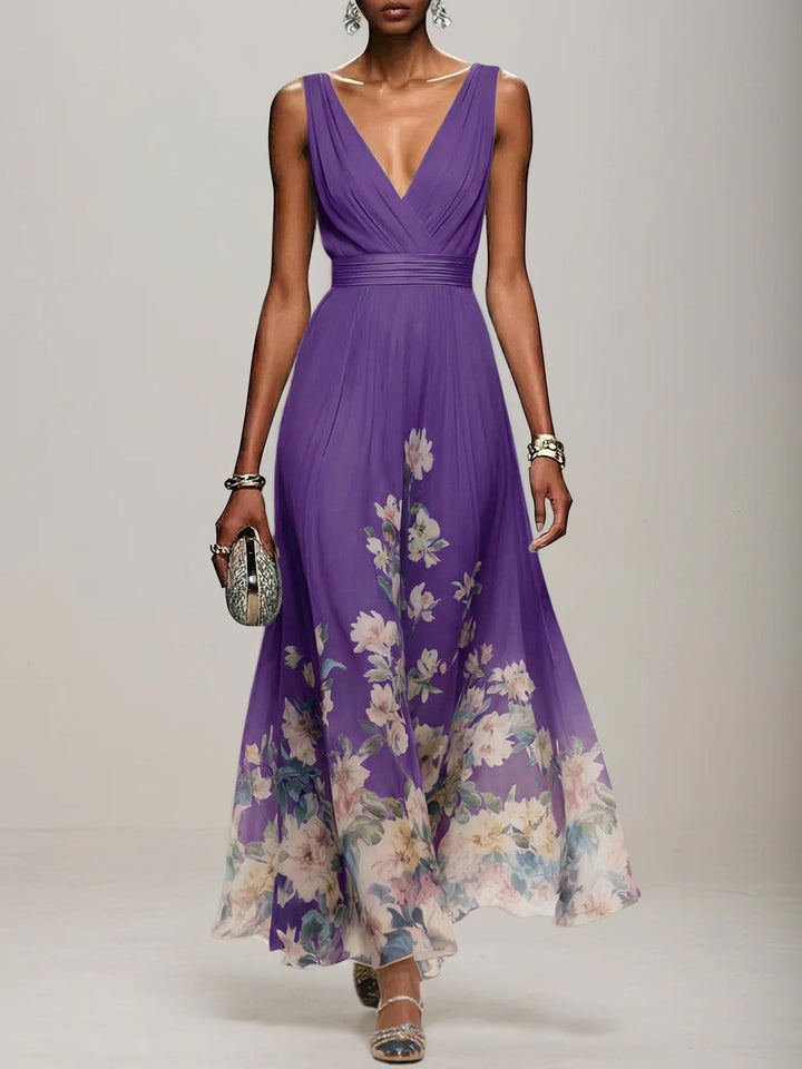Light Blue Floral Chiffon V-Neck Sleeveless A-Line Maxi Dress