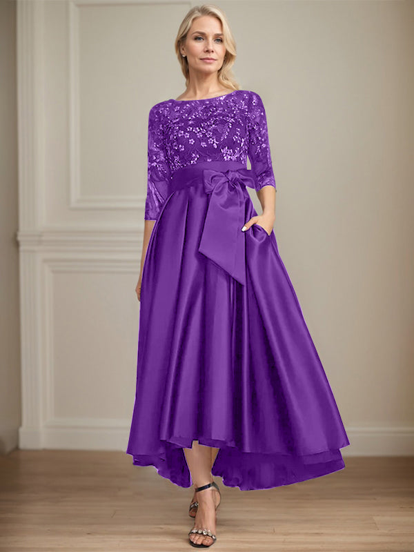 A-Line Scoop Neck Illusion Asymmetrical Satin Lace Mother of the Bride Dress with Bow