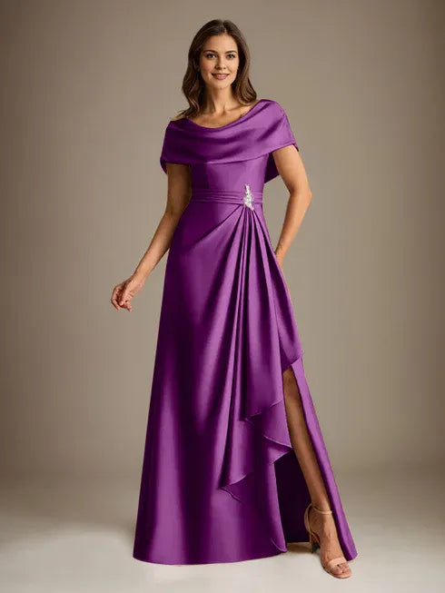 A-Line Scoop Neck Floor-Length Stretch Satin Mother of the Bride Dress with Cascading Ruffles