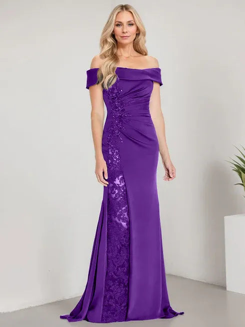 A-Line Off-the-Shoulder Floor-Length Mother of the Bride Dress with Appliqué Beadings and Mermaid Silhouette Featuring a High Split