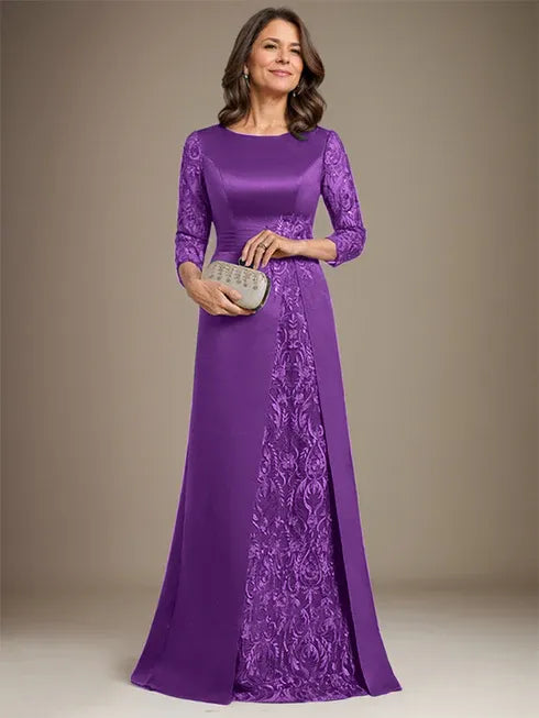 Floor-Length A-Line Lace Satin Mother of the Bride Dress with Scoop Neck and Applique