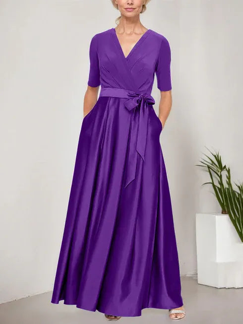 Surplice Neckline Ballgown with Full Satin Skirt and Jersey Bodice