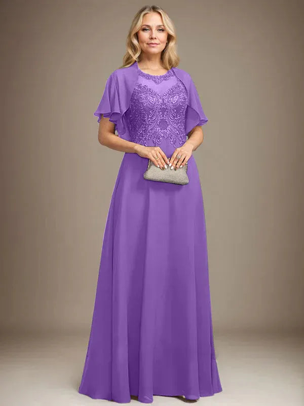 A-Line Scoop Neck Illusion Floor-Length Lace Chiffon Mother of the Bride Dress with Sequins