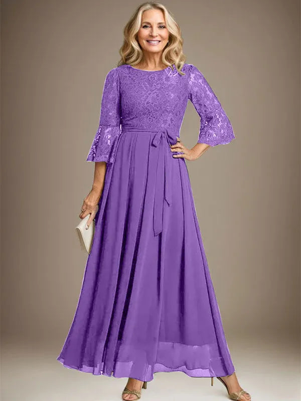 A-Line Scoop Neck Ankle-Length Lace Chiffon Mother of the Bride Dress with Bow