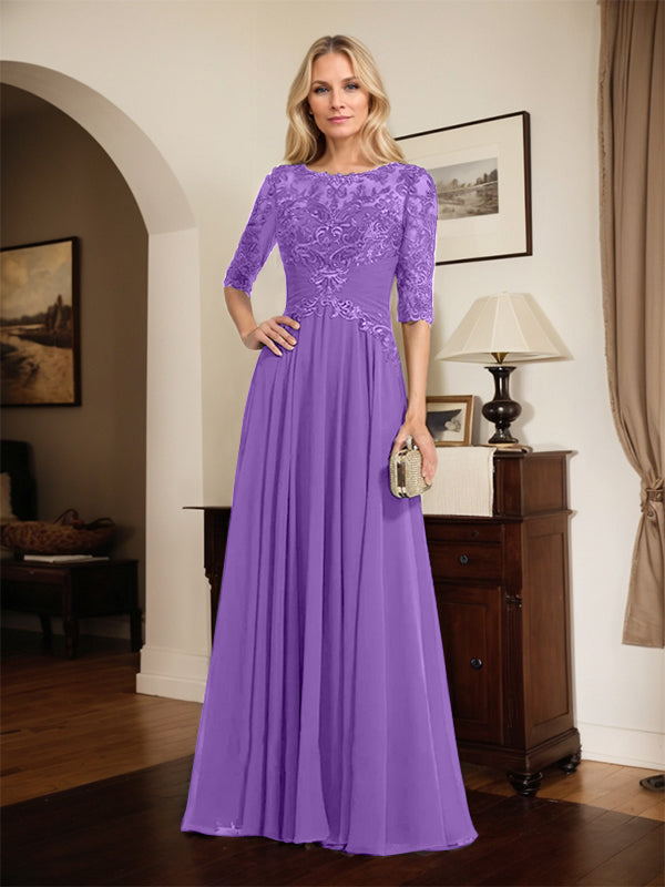 A-Line Scoop Neck Illusion Floor-Length Chiffon and Lace Mother of the Bride Dress with Pleated Sequins