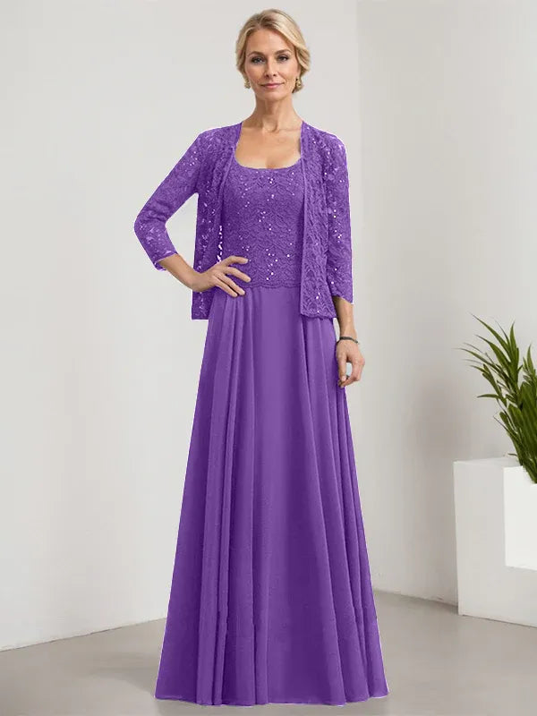 A-Line Square Neck Floor-Length Lace and Chiffon Mother of the Bride Dress with Sequins