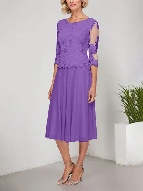 A-Line Scoop Neck Tea-Length Lace Chiffon Mother of the Bride Dress with Embroidery