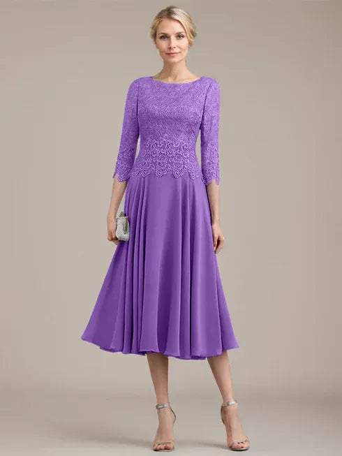 A-Line Scoop Neck Tea-Length Lace Chiffon Mother of the Bride Dress
