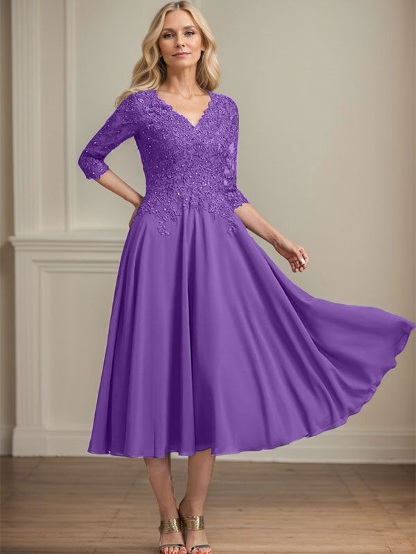 A-Line V-Neck Tea-Length Chiffon and Lace Mother of the Bride Dress with Beading and Sequins
