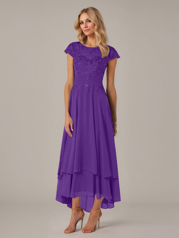A-Line Boat Neck Illusion Asymmetrical Chiffon Lace Mother of the Bride Dress with Applique and Pleats